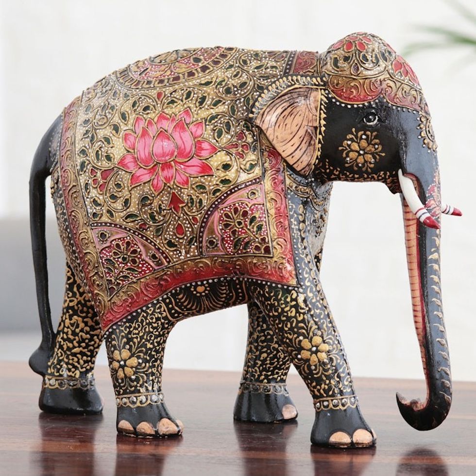 Artisan Crafted Elephant and Calf Wood Sculpture from India 'Mughal Glamour'