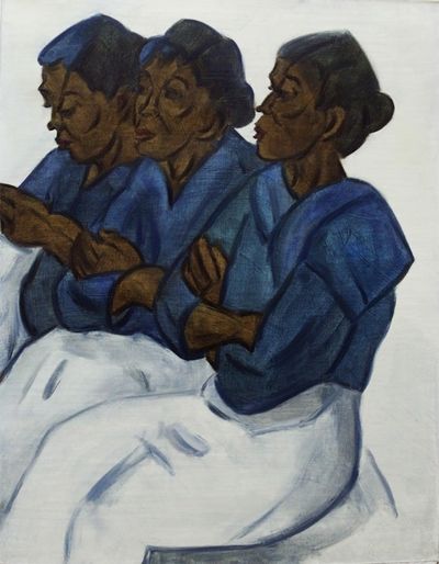 Alternate image for Oil on Canvas Painting of Three Market Women Blue-Clothed Saleswomen
