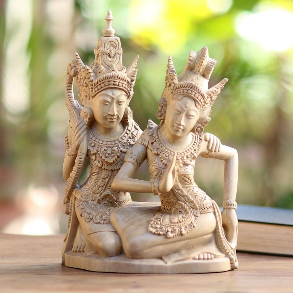 Hand-Carved Wood Sculpture of Rama and Sita from Bali 'Romantic Rama and Sita'