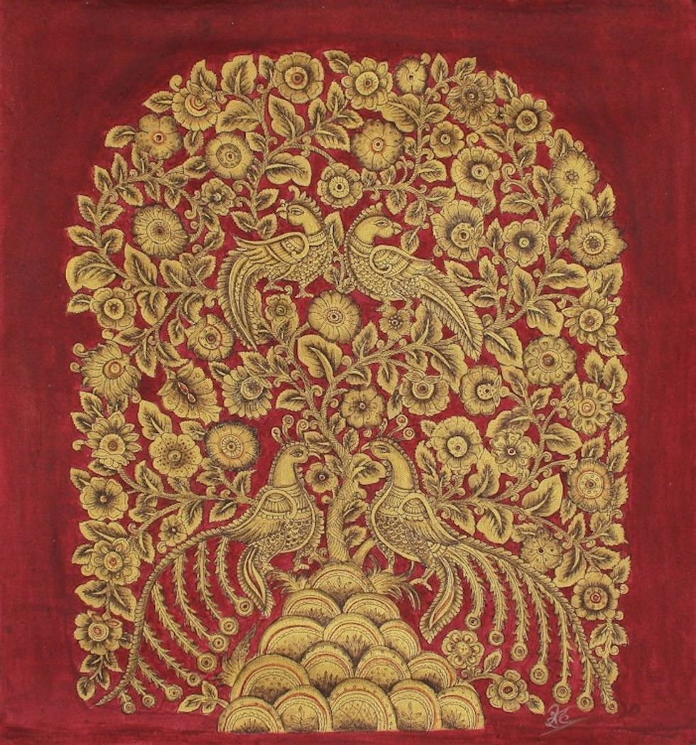 Red and Gold Indian Acrylic on Canvas Painting of Nature 'Golden Spring II'