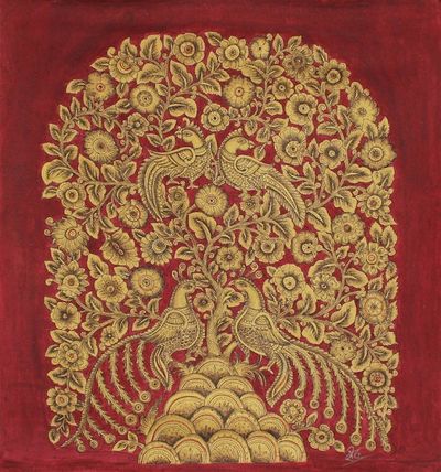 Alternate image for Red and Gold Indian Acrylic on Canvas Painting of Nature Golden Spring II