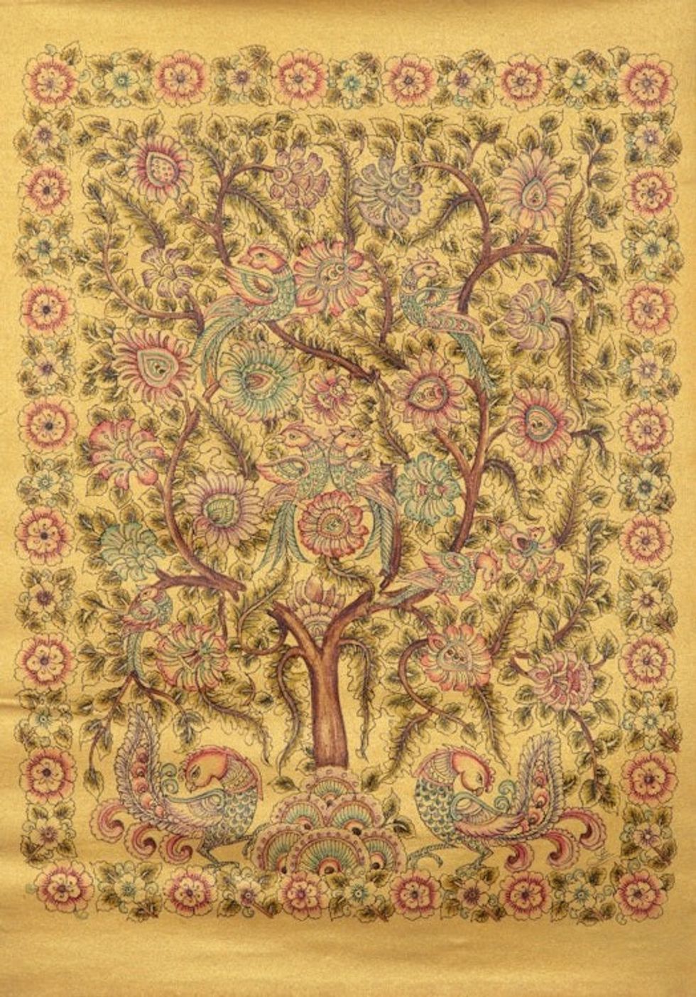 Kalamkari Painting of Tree and Birds 'The Golden Nature'