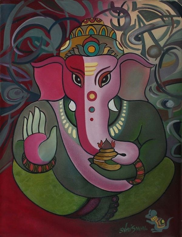 Alternate image for Oil Expressionist Painting of Ganesha from India Holy Ganesha
