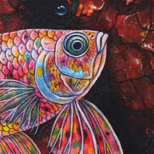 Alternate image for Signed Balinese Painting of a Siamese Fighting Fish Rainbow Betta