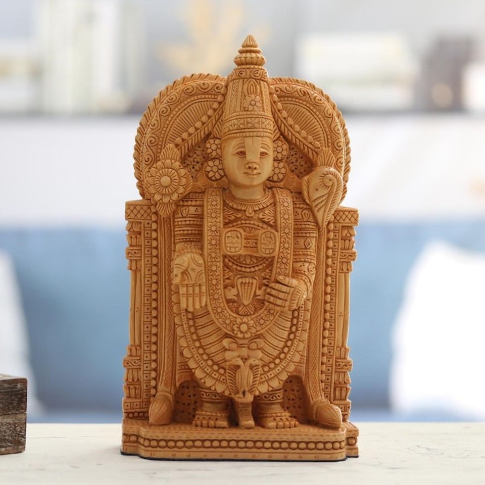 Wood Sculpture of God Balaji Vishnu Hand-Carved in India 'Tirupati Balaji'