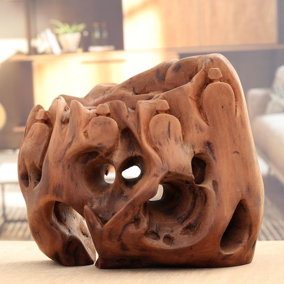 Abstract Sculpture Crafted from Reclaimed Tun Wood 'Eyes of Nature'