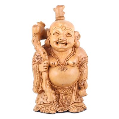 Alternate image for Hand-Carved Kadam Wood Buddha Sculpture from India Masters Smile