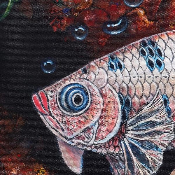 Alternate image for Original Signed Betta Fish Painting from Bali White and Black Betta