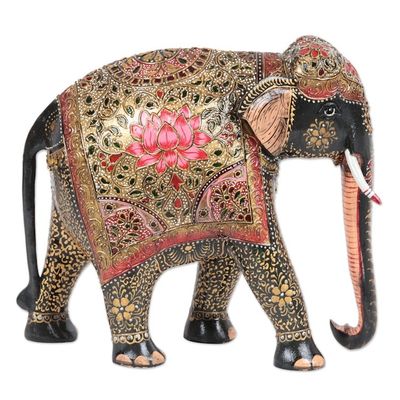 Alternate image for Artisan Crafted Elephant and Calf Wood Sculpture from India Mughal Glamour