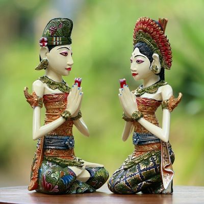 Alternate image for Balinese Bride and Groom Handcrafted Wood Sculptures Pair Balinese Bride and Groom