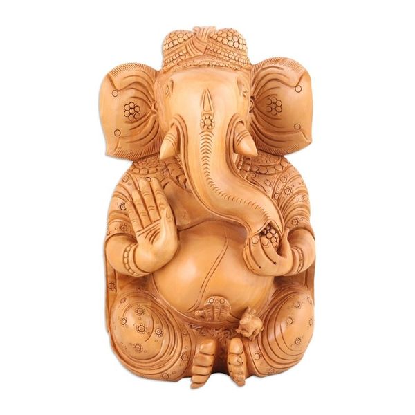 Alternate image for Brown Kadam Wood Sculpture of Ganesha Crafted in India Celestial Blessing
