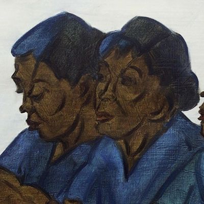 Alternate image for Oil on Canvas Painting of Three Market Women Blue-Clothed Saleswomen