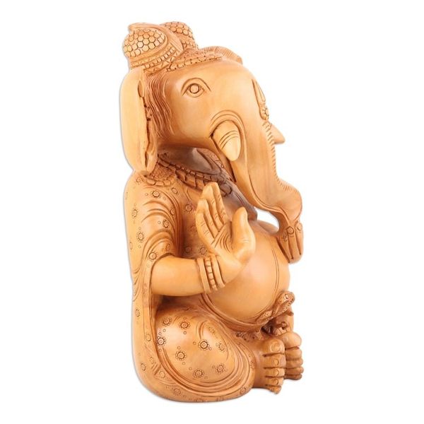 Alternate image for Brown Kadam Wood Sculpture of Ganesha Crafted in India Celestial Blessing