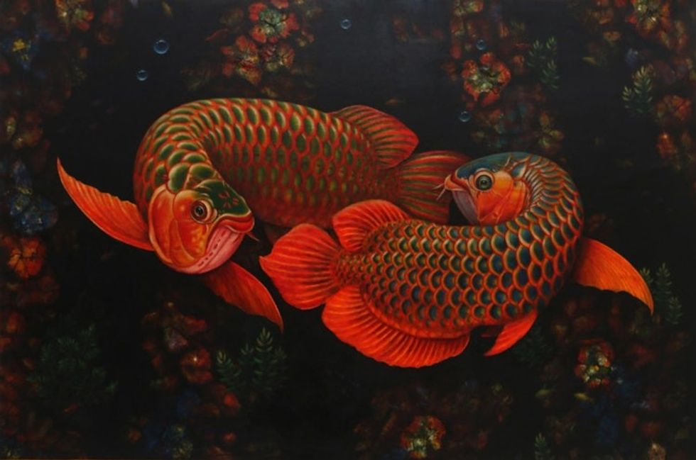 Signed Realist Painting of Two Asian Arowana Fish 2019 'Making Love'