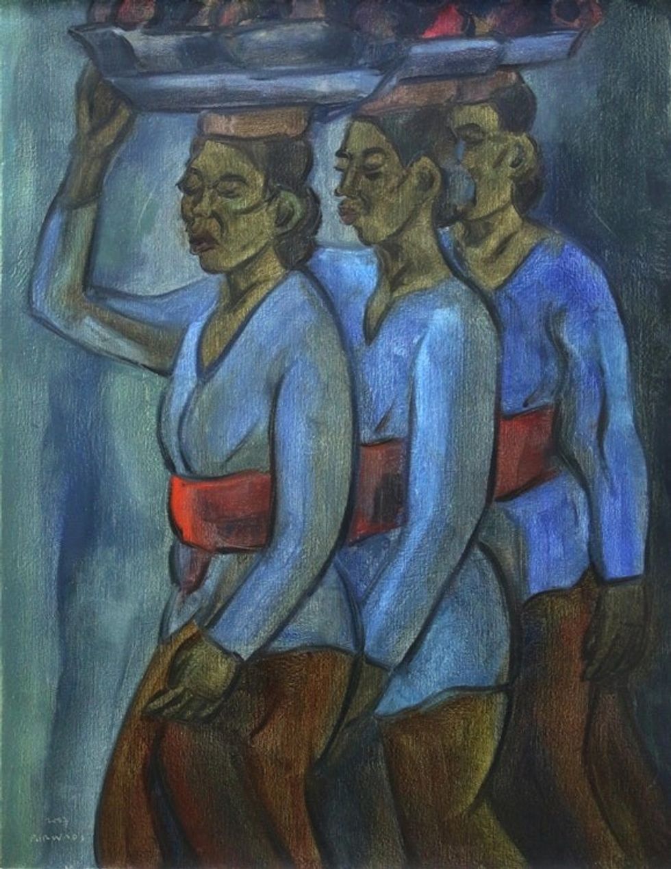 Signed Expressionist Painting of Three Women from Bali 'Junjung Banten'