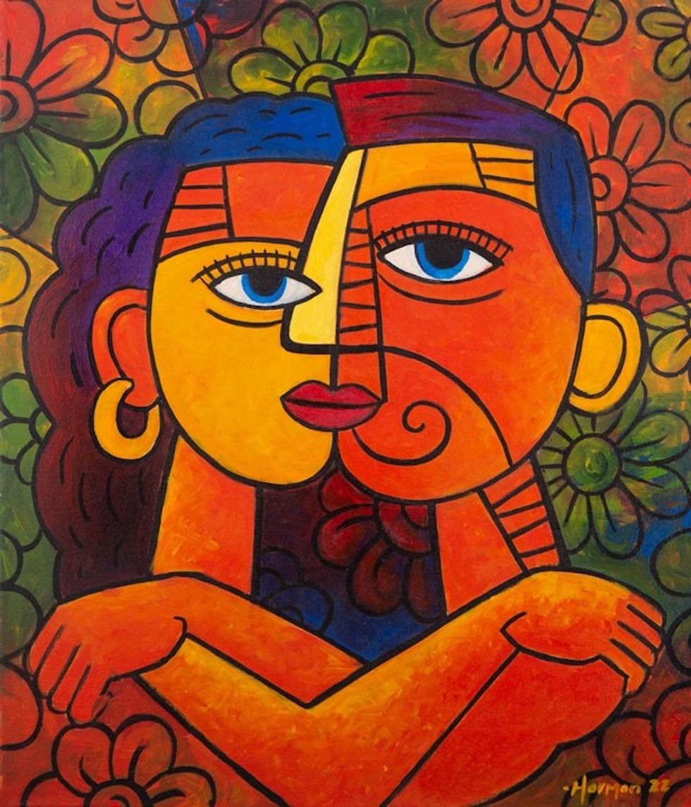 Cubist Acrylic Figure Painting from Java 'Kiss You'