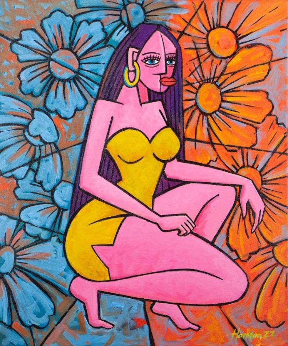 Acrylic Figure Painting with Floral Motif 'Ni Wayan Rukma'