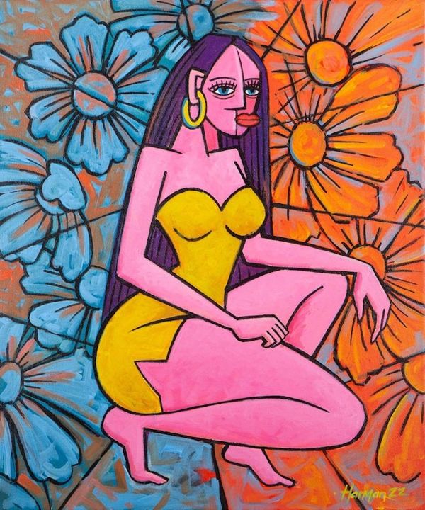 Alternate image for Acrylic Figure Painting with Floral Motif Ni Wayan Rukma