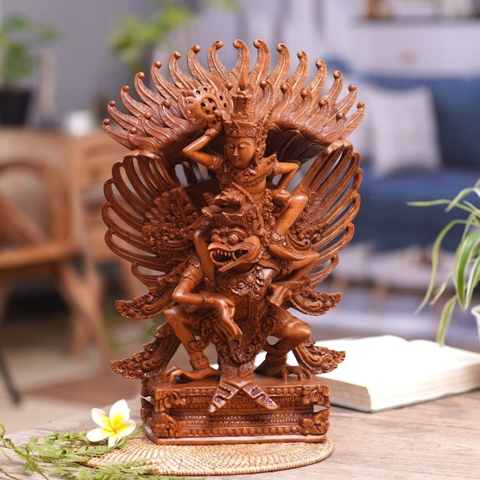 Hindu Suar Wood Sculpture of Vishnu from Bali 'Garuda and Vishnu'