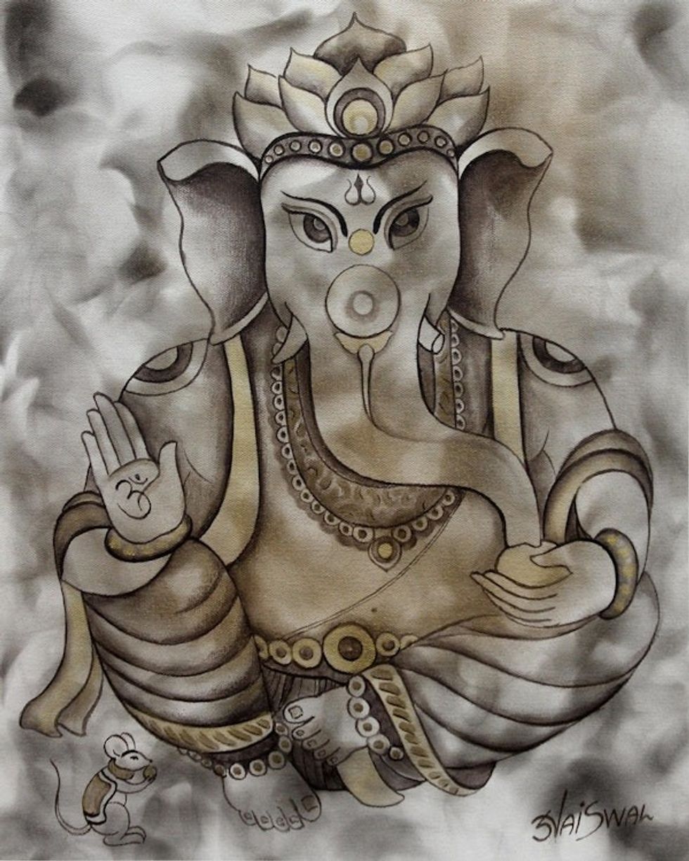 Hinduism Deity Signed Ganesha Painting from India 'Blissful Ganesha'