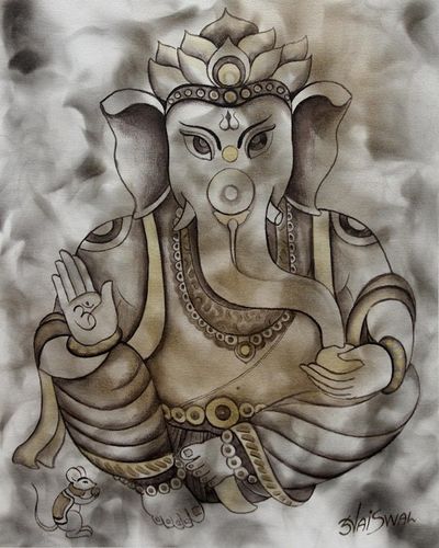 Alternate image for Hinduism Deity Signed Ganesha Painting from India Blissful Ganesha