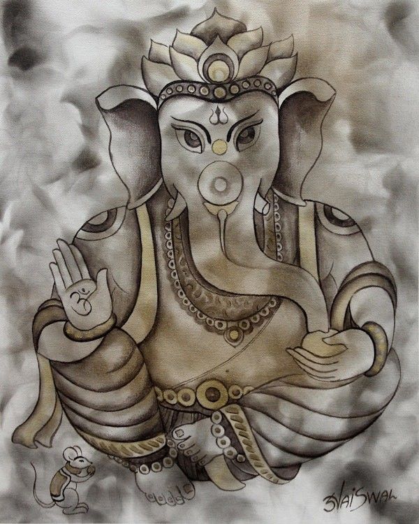 Image for Hinduism Deity Signed Ganesha Painting from India Blissful Ganesha