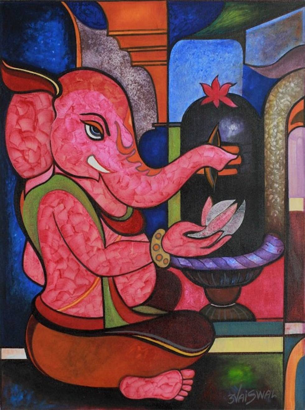 Red Ganesha Painting from India 'Worshipping Ganesha'