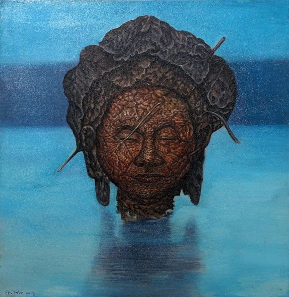 Surrealist Painting of a Leafy Face Above Water 2018 'Back to Water'