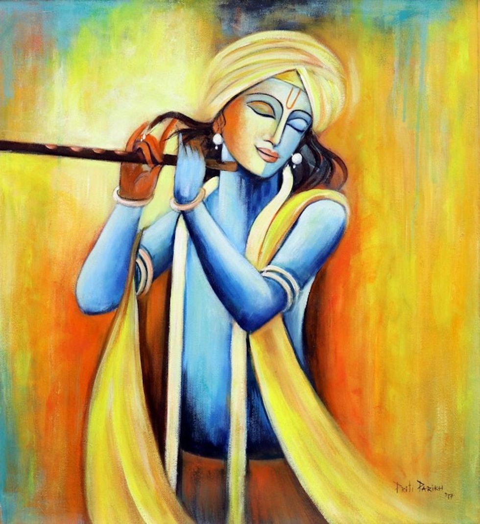 Signed Expressionist Painting of Lord Krishna from India 'Benevolent Krishna'