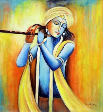 Alternate image for Signed Expressionist Painting of Lord Krishna from India Benevolent Krishna