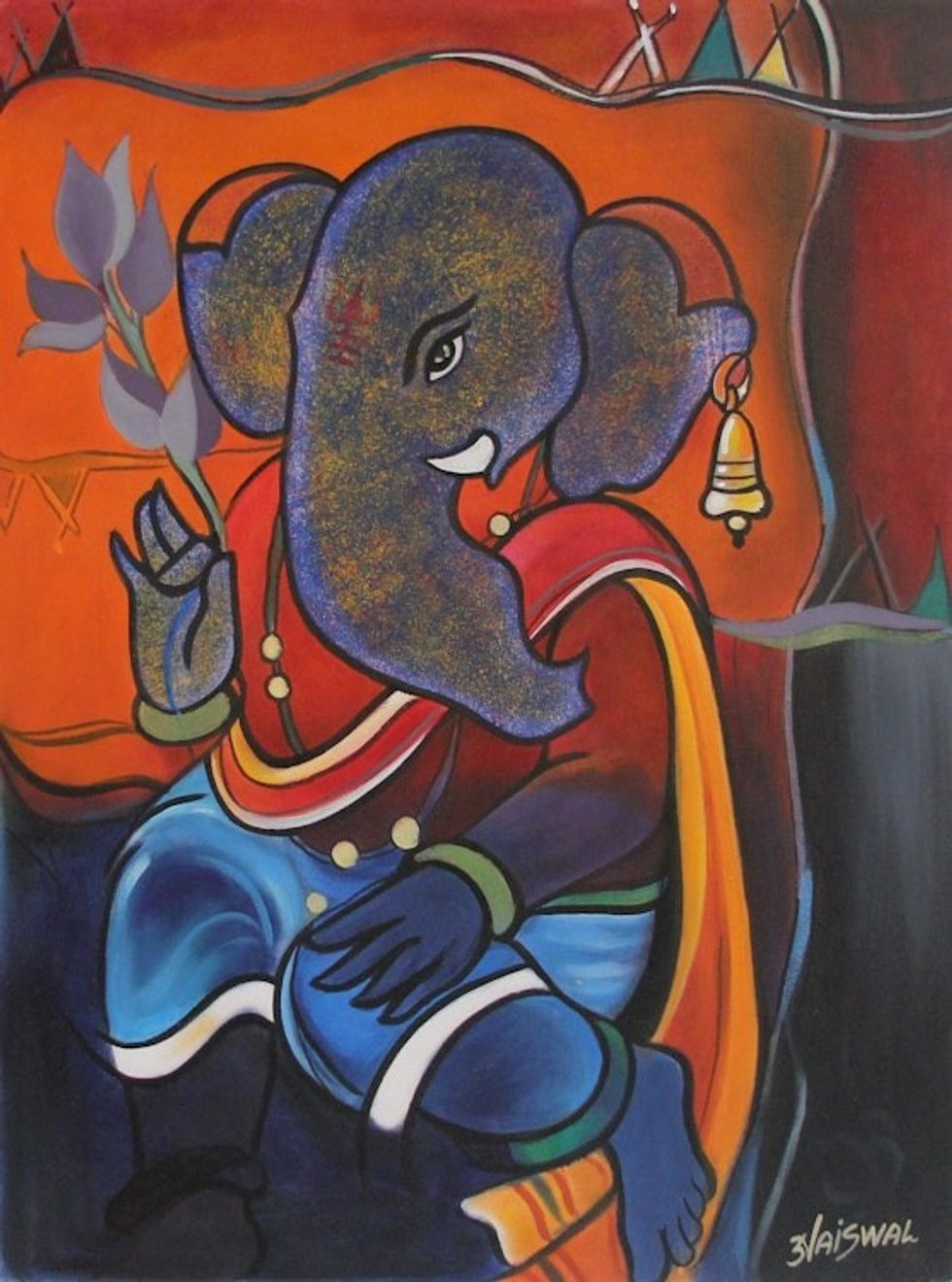 Hinduism Deity Ganesha Vinayak Painting Signed India Arts 'Peaceful Ganesha'