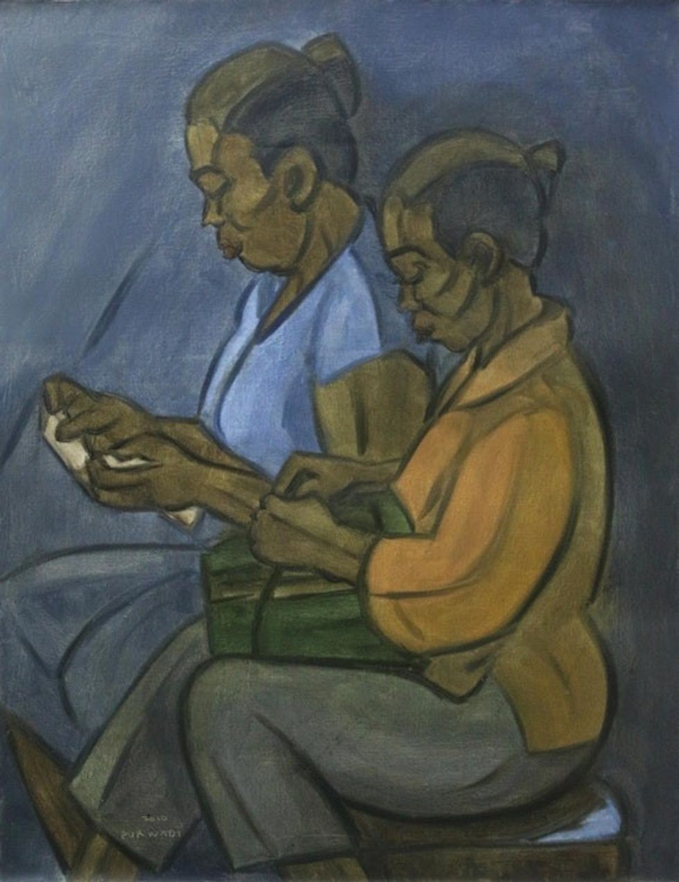 Signed Expressionist Painting of Two Saleswomen from Bali 'Canang Seller'