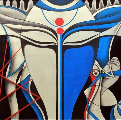 Alternate image for Ganesha Abstract Hinduism Deity Signed Fine Art Painting Ganesha in Blue and Silver