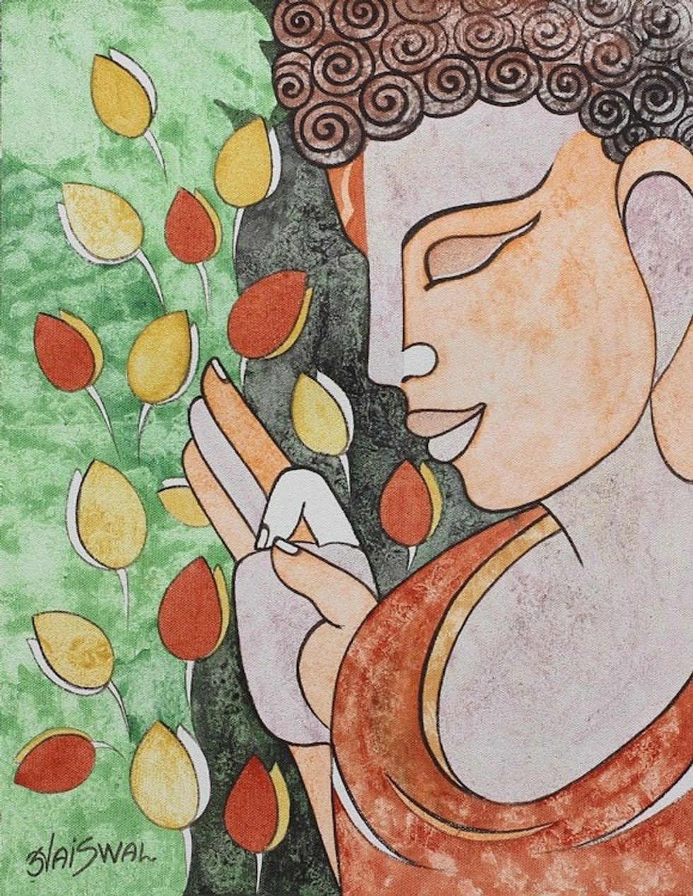 India Modern Cubist Painting of a Young Buddha 'Peaceful Nature'