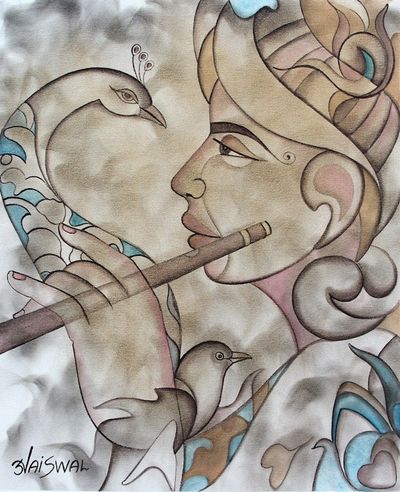 Alternate image for Original Signed Painting of Krishna with a Peacock Krishna the Musician