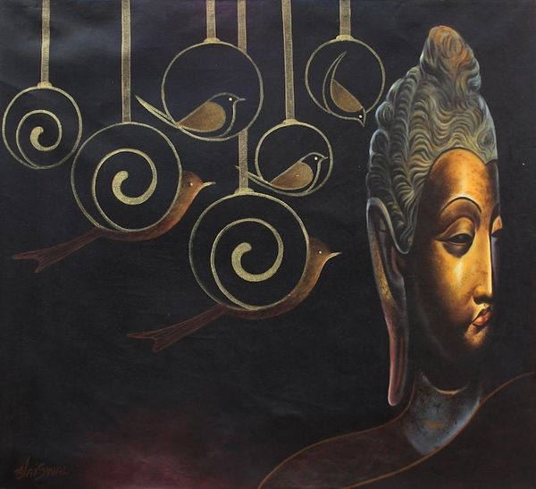Image for Original India Fine Art Painting of Buddha and Birds Buddha in the Golden Age