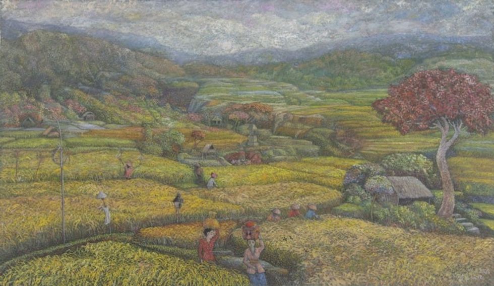 Signed Balinese Landscape Painting 'Rice Harvesting'