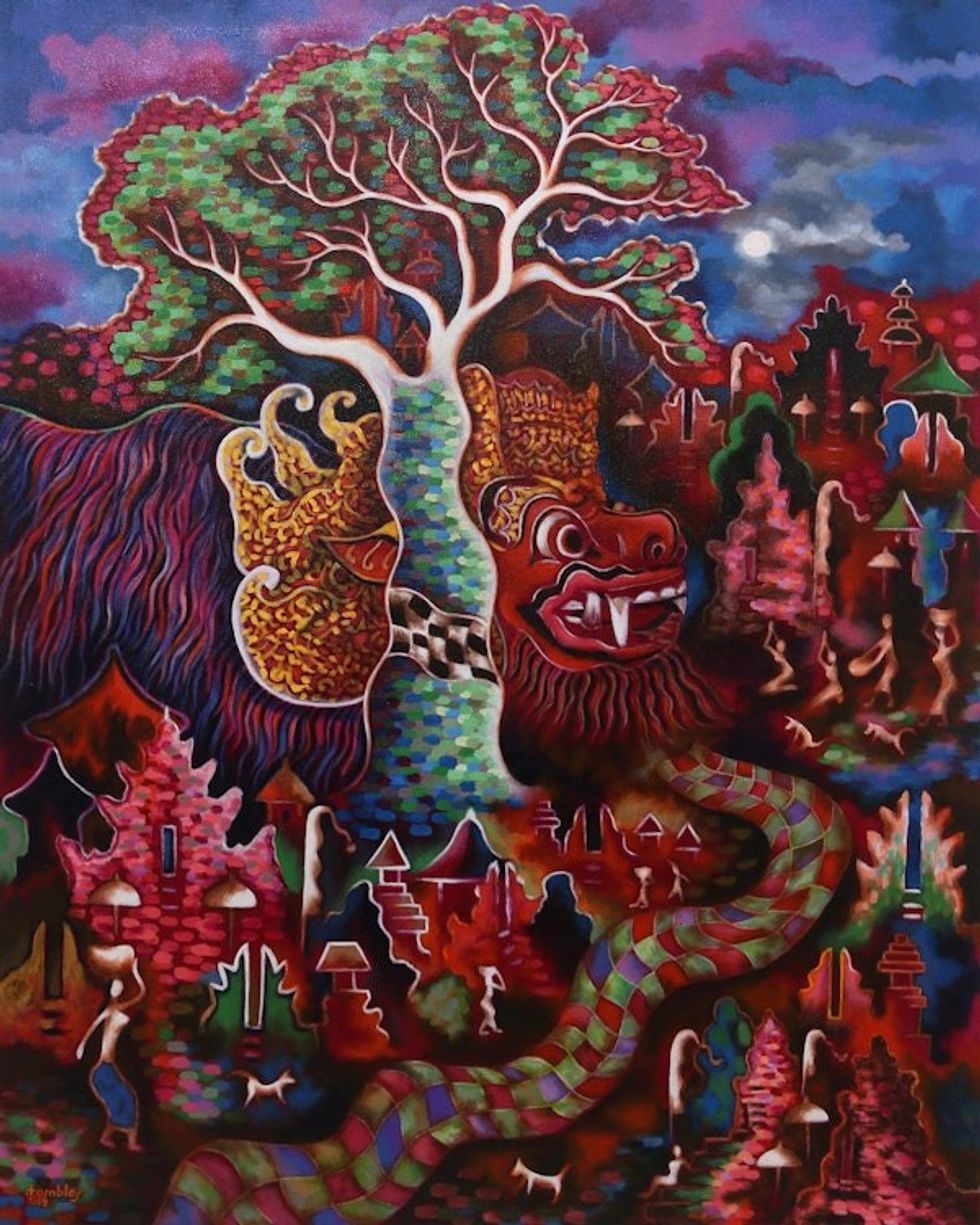 Signed Expressionist Landscape Painting from Bali 'Full Moon in March 2019'