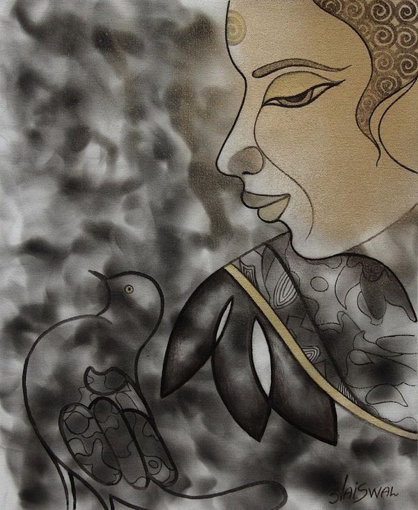 Image for Golden Buddha Painting on Black and Grey Peaceful Buddha
