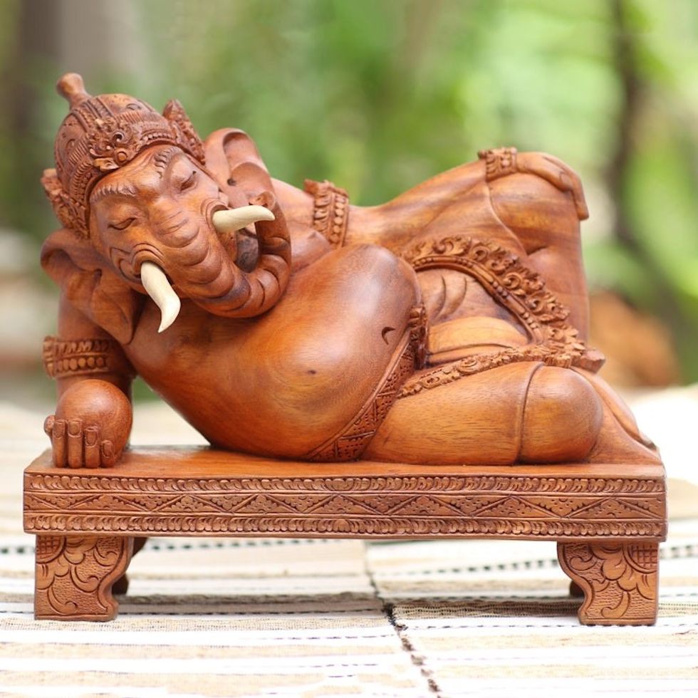 Suar and Crocodile Wood Ganesha Sculpture 'Reclining Ganesha'