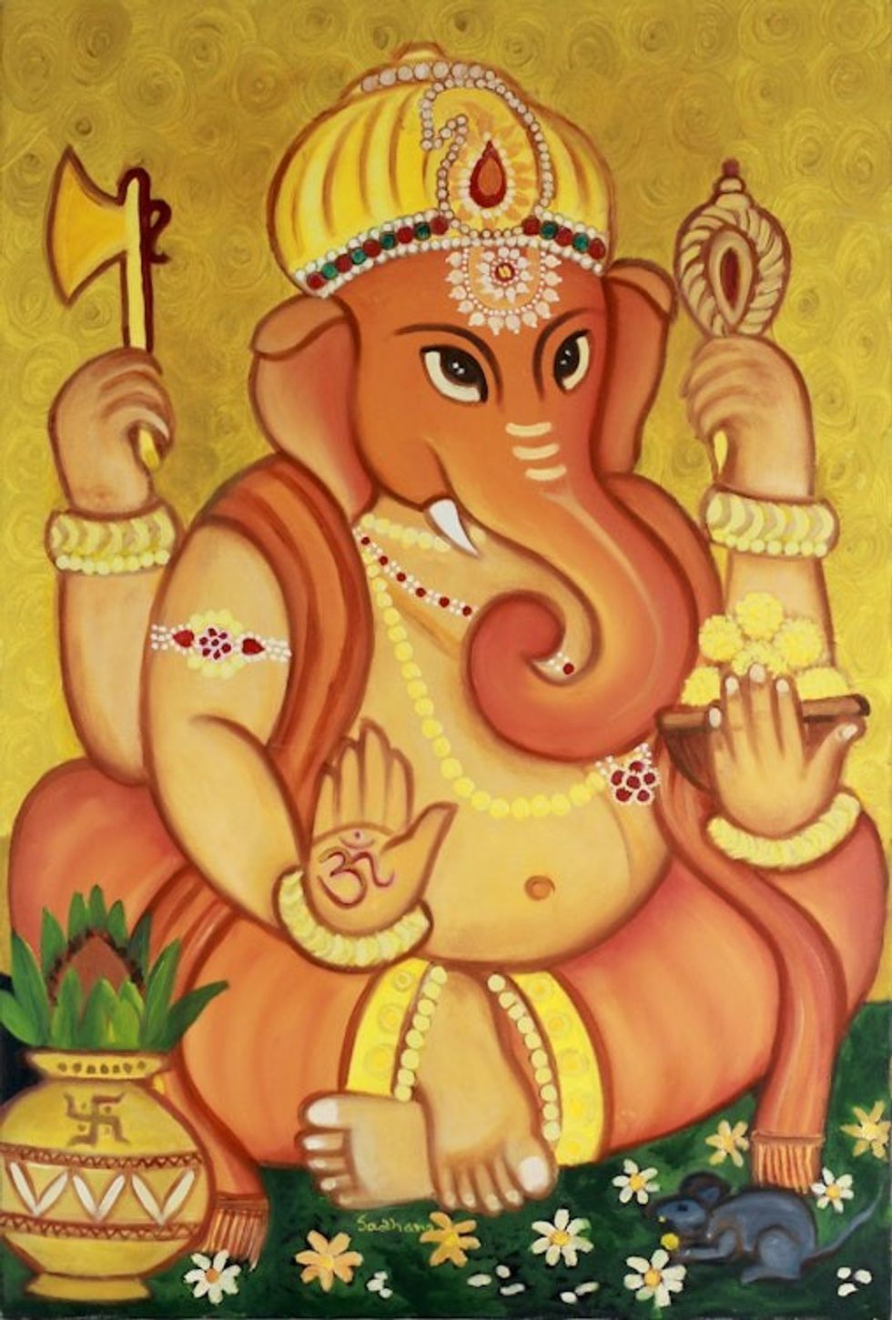 Original Ganesha Religious Painting 'In Deep Prayer'