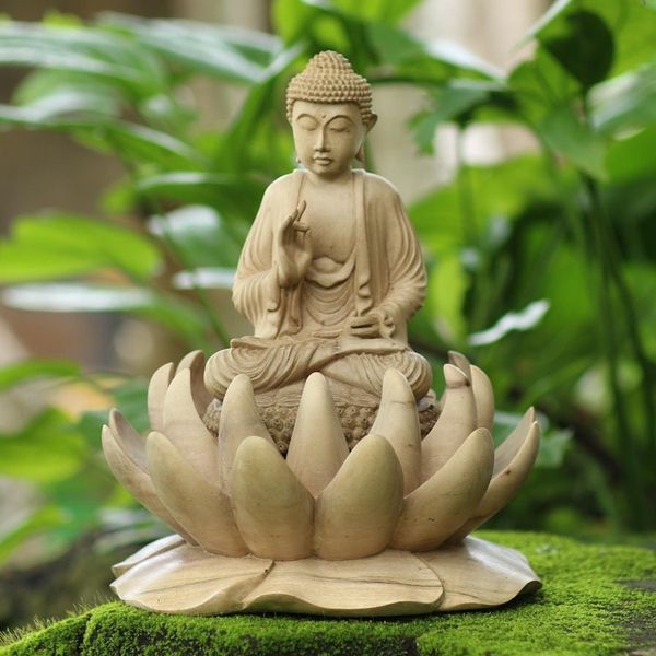 Alternate image for Hand Carved Hibiscus Wood Buddha Sculpture Lord Buddha and Lotus