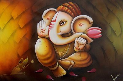 Alternate image for Acrylic and Oil Original Painting of Hindu Deity Ganesha Vinayak, Granter of Wishes