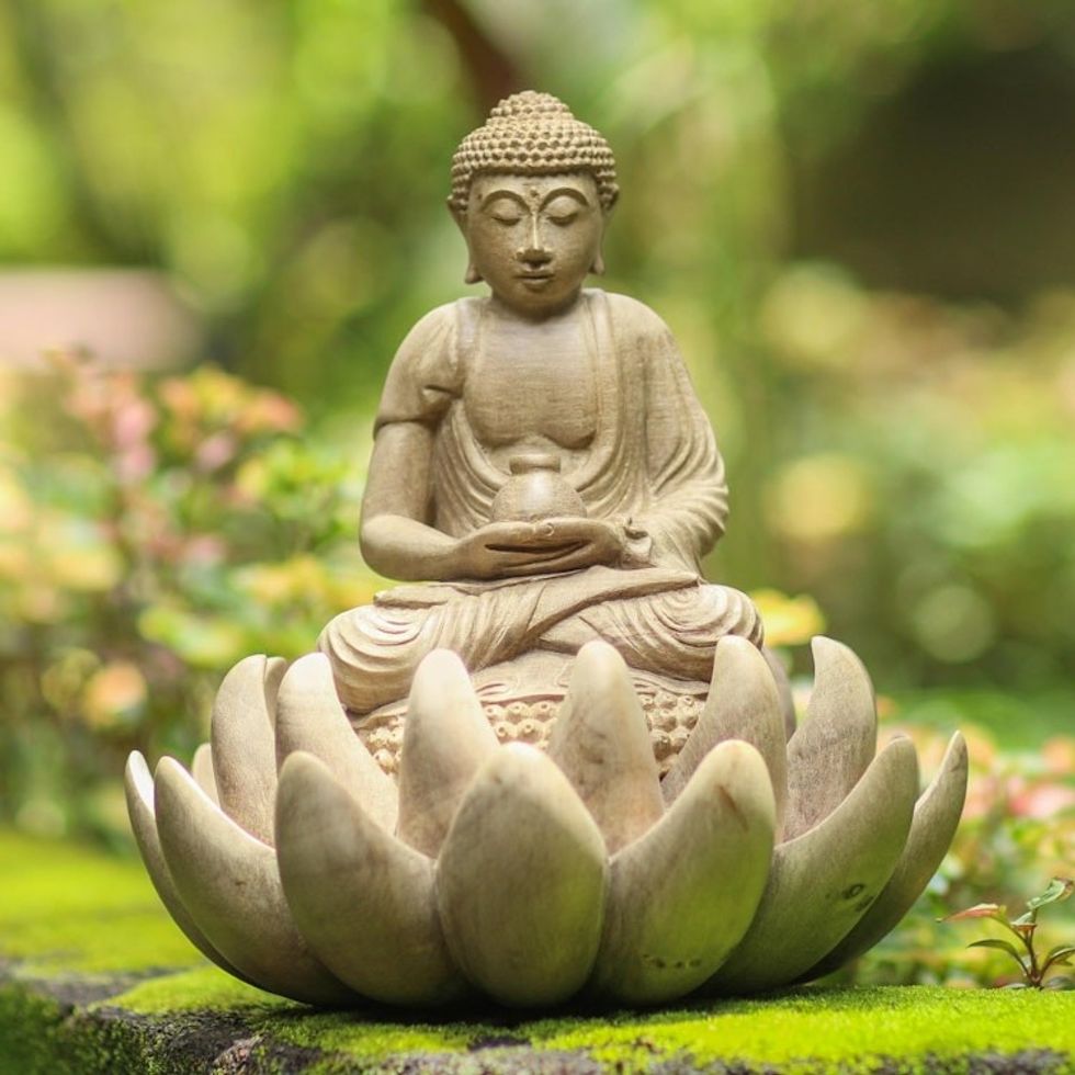 Hibiscus Wood Buddha and Lotus Flower Sculpture 'Dhyan Mudra Buddha'