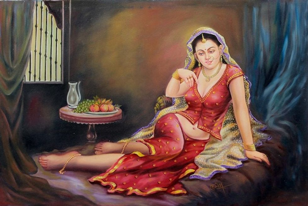 Beautiful Jaipuri Queen in Red Signed Painting from India 'Awaiting the King's Arrival'