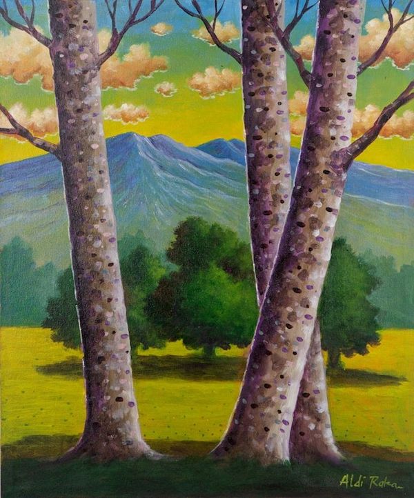 Alternate image for Mountain Scene Acrylic on Canvas Painting Volcano in the Distance