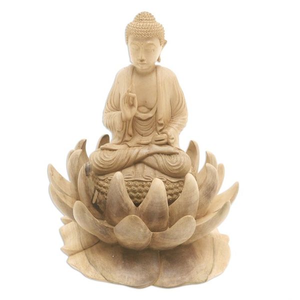 Alternate image for Hand Carved Hibiscus Wood Buddha Sculpture Lord Buddha and Lotus