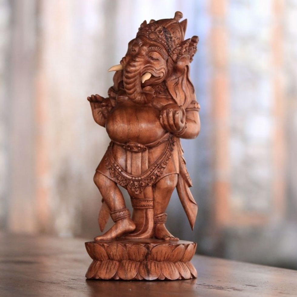 Wood Sculpture of Ganesha on a Lotus Flower from Bali 'Wonderful Ganesha'