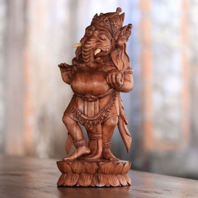 Alternate image for Wood Sculpture of Ganesha on a Lotus Flower from Bali Wonderful Ganesha