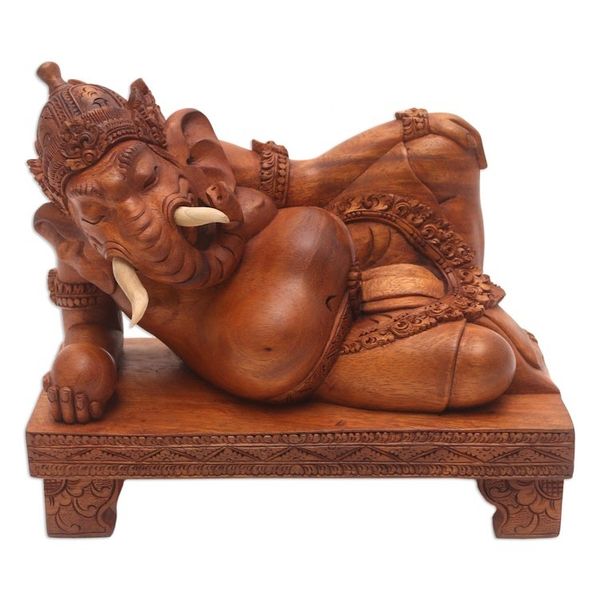 Alternate image for Suar and Crocodile Wood Ganesha Sculpture Reclining Ganesha